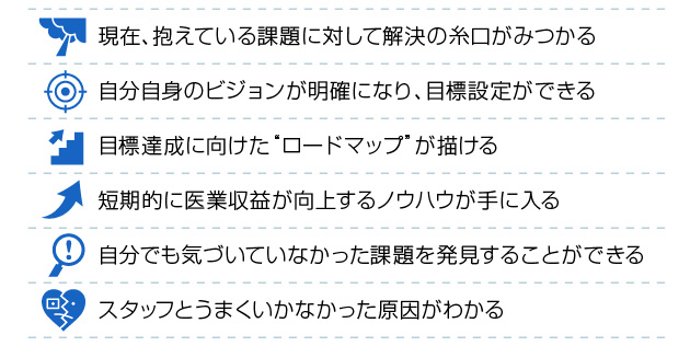 現在、抱えている課題に対して解決の糸口がみつかる、自分自身のビジョンが明確になり目標設定ができる、目標達成に向けた“ロードマップ”が描ける、短期的に医業収益が向上するノウハウが手に入る、自分でも気づいていなかった課題を発見することができる、スタッフとうまくいかなかった原因がわかる