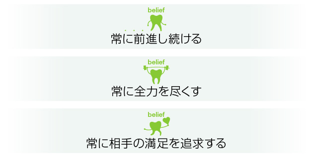 常に前進し続ける、常に全力を尽くす、常に相手の満足を追求する